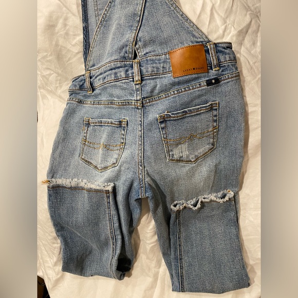 LUCKY BRAND Denim Overalls Washed Ripped Bib Crop Distressed Raw Edge Jeans 12 - Picture 5 of 13